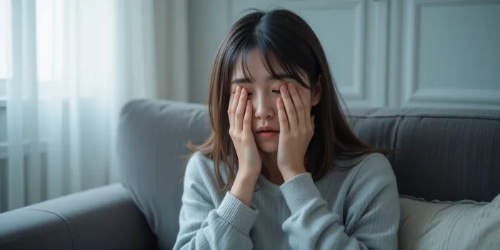 대장내시경 약 복용 후 소파에 앉아 메스꺼움을 느끼는 모습