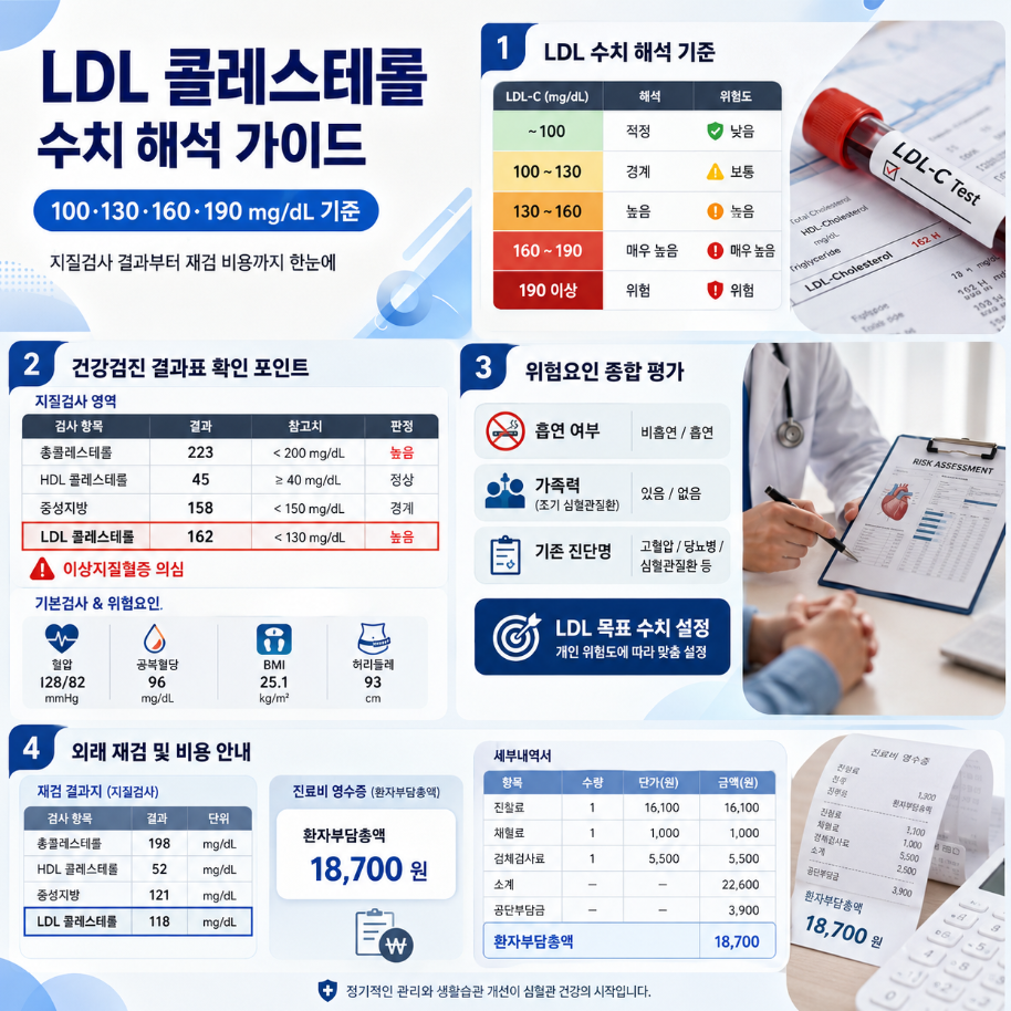 LDL 콜레스테롤 100&middot;130&middot;160&middot;190mg/dL 기준과 건강검진 결과표, 외래 재검 비용 자료를 정리한 인포그래픽