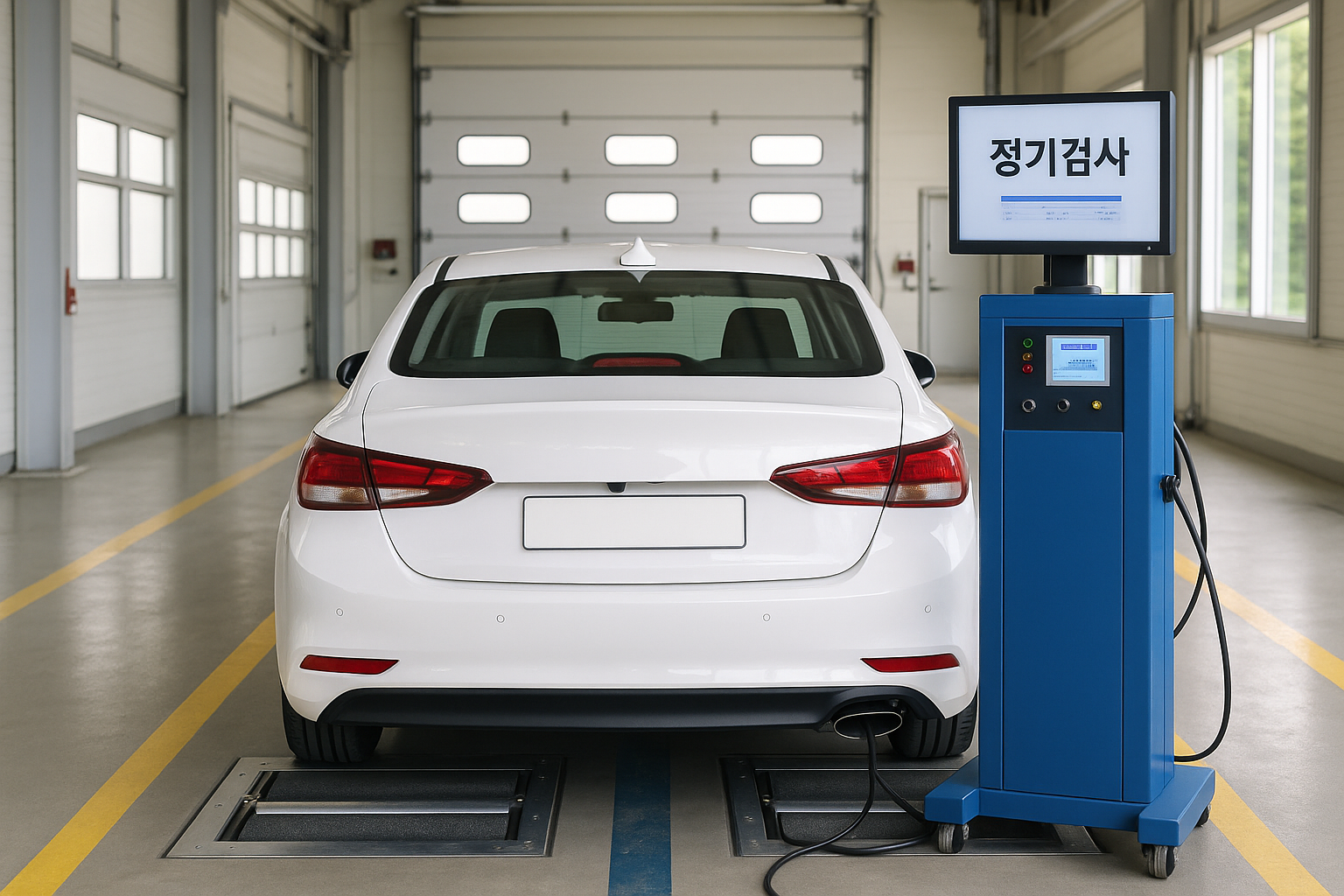 자동차 정기검사를 받는 차량과 검사 장비