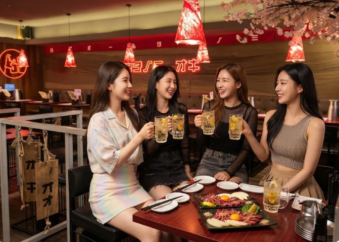 방이동 먹자골목 내 이자카야에서 즐거운 시간을 보내는 사람들