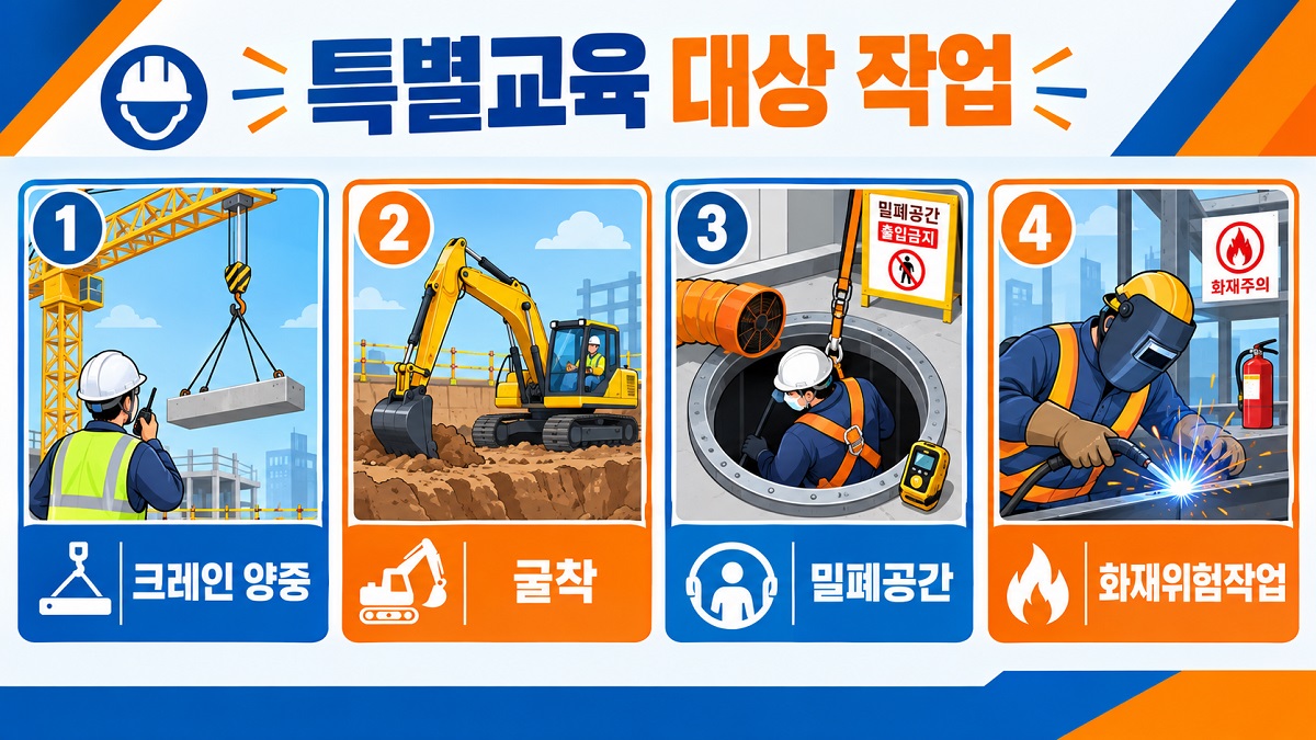 건설현장 특별안전보건교육 대상 작업을 양중, 굴착, 밀폐공간, 화재위험작업으로 정리한 인포그래픽