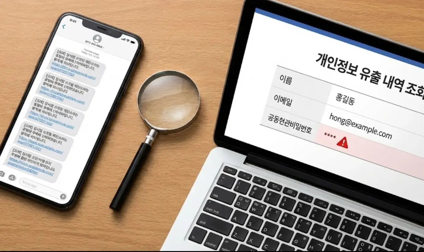 스마트폰 스팸 문자와 노트북의 쿠팡 개인정보 유출 내역 조회 화면 등 보상 신청 필수 증거 자료 캡처.