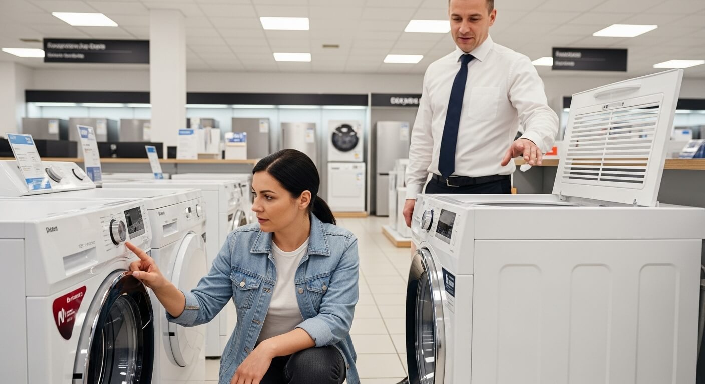 세탁기 매장에서 제품을 살펴보는 여성과 안내하는 남성 직원