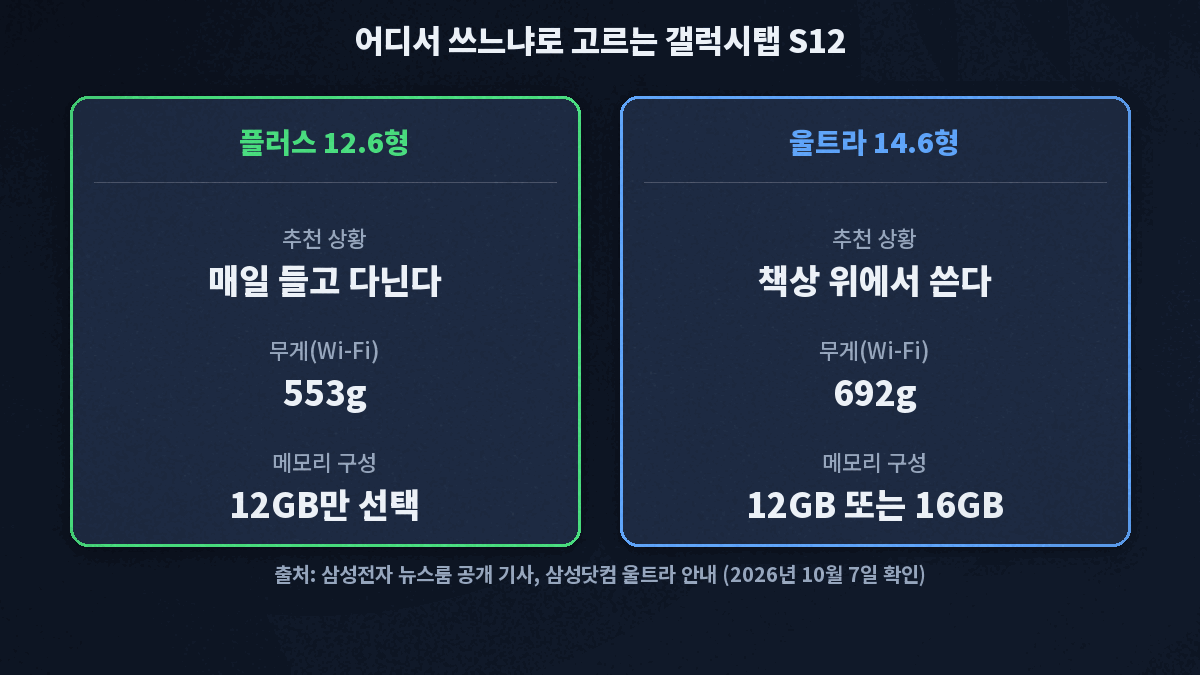 매일 들고 다니면 플러스 12.6형 553g, 책상 위에서 쓰면 울트라 14.6형 692g으로 나뉘는 갤럭시탭 S12 선택 기준 카드