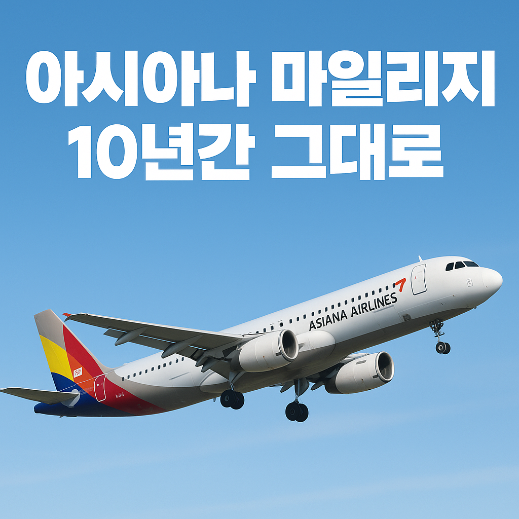 AI로 생성한 아시아나 마일리지 10년간 그대로 텍스트가 들어간 아시아나 항공 비행기 이미지