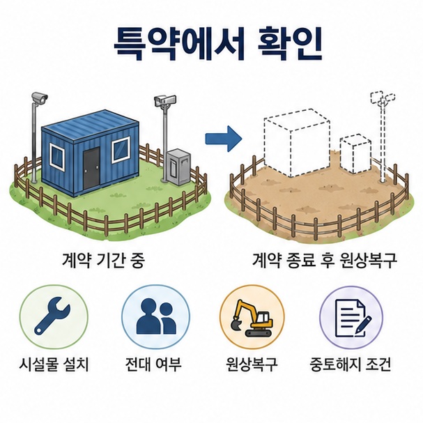 토지 위 시설물 설치와 전대 여부, 계약 종료 후 철거와 원상복구 조건을 특약으로 정하는 모습을 표현한 이미지