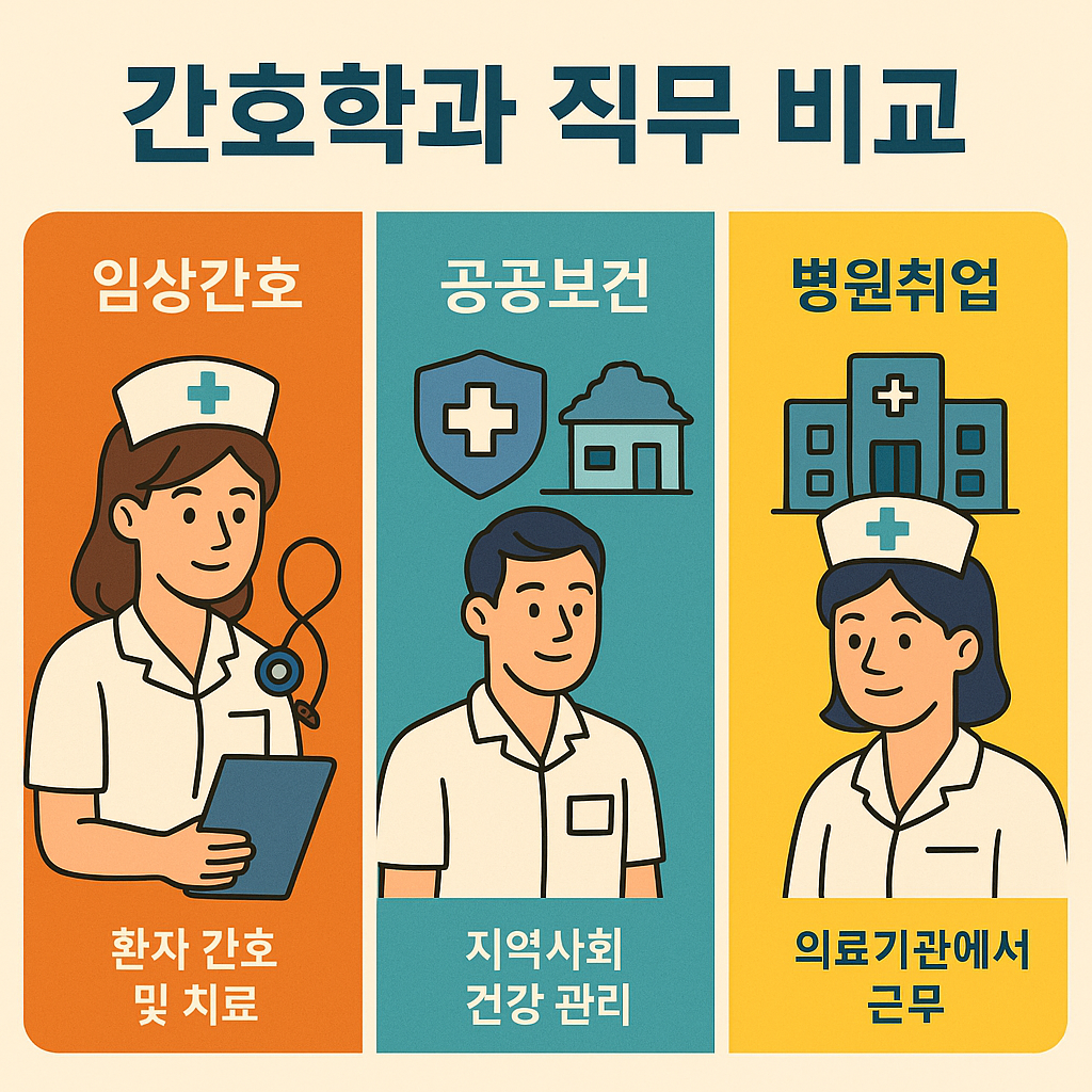 임상간호, 공공보건, 병원취업의 역할과 차이를 설명하는 한국어 정보 이미지