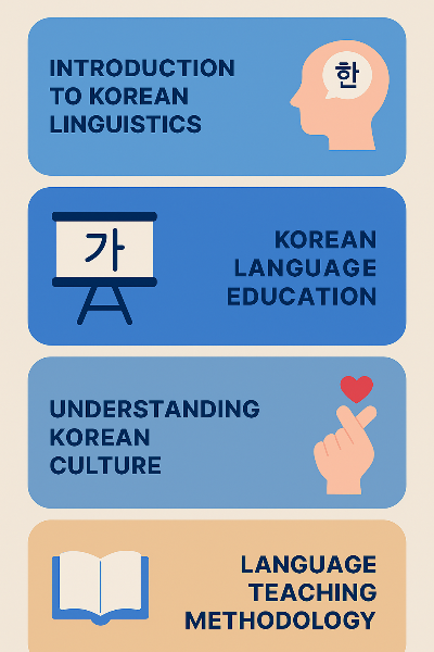 한국어 교원 3급 자격증 과정에 포함되는 필수 교육과목을 시각적으로 표현한 인포그래픽으로, 언어학 입문, 한국어 교육론, 한국 문화 이해, 교수 방법론 등 네 가지 핵심 교육 내용이 아이콘과 함께 정렬되어 있으며 각 주제별 중요도가 시각적으로 구분되어 전달력을 높였다.
