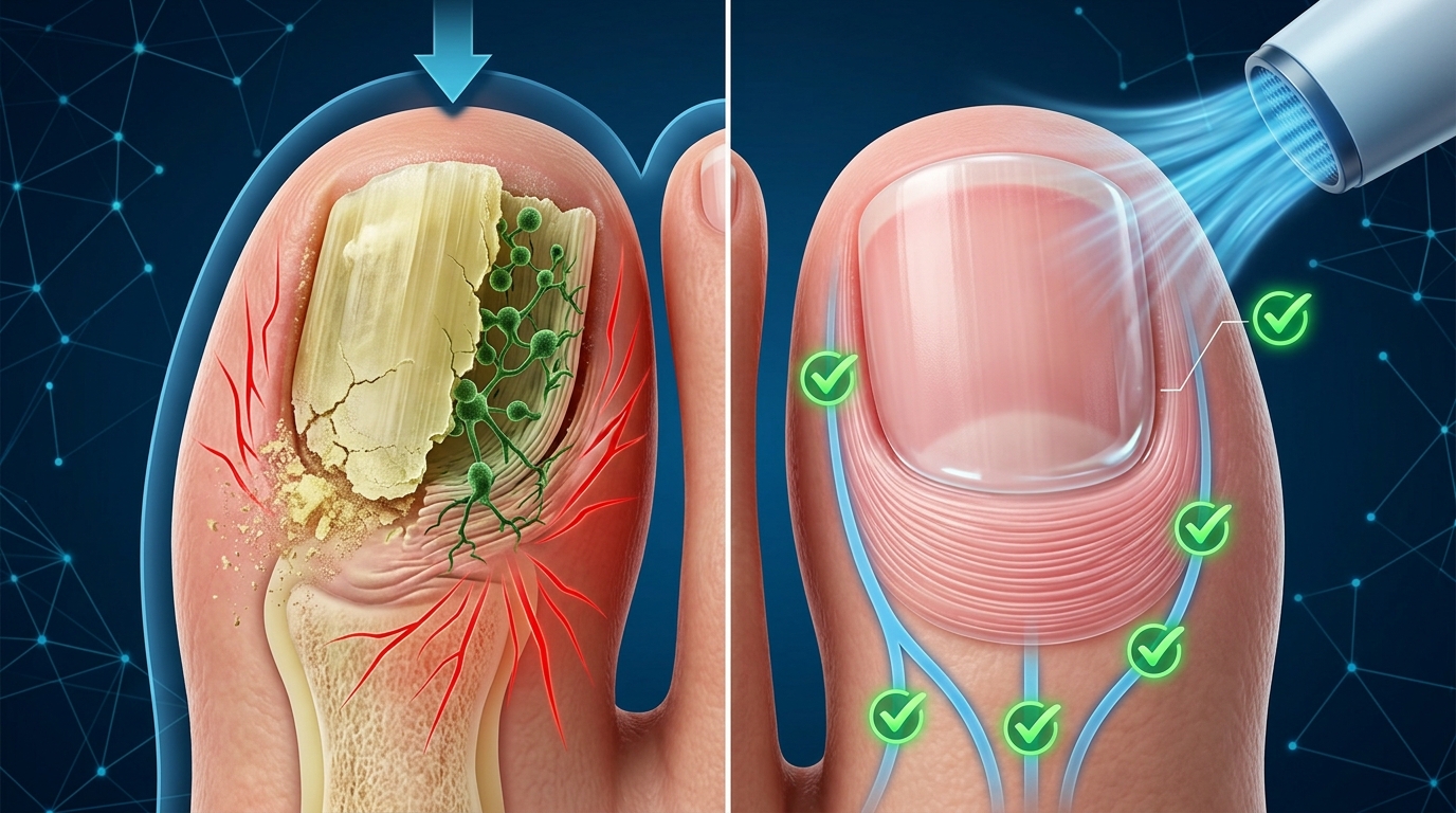통풍 안 되는 딱딱한 신발 착용과 과도한 마찰 유해 자극에 발톱을 그대로 노출하여 표피 케라틴 구조가 노랗게 변색되고 두꺼워지며 부서지는 조갑백선 무좀 원리와 올바른 전용 약산성 클렌저 항진균 세정 방법, 우레아 각질 연화 크림 도포 및 드라이기 찬바람 건조 매뉴얼 수칙, 정기적인 신발 교차 착용 대책 가이드를 통해 피부 장벽을 수호하고 족부 세포를 안전하게 보호하는 대책을 비교하여 시각화한 피부과 정형외과 의학 일러스트레이션.