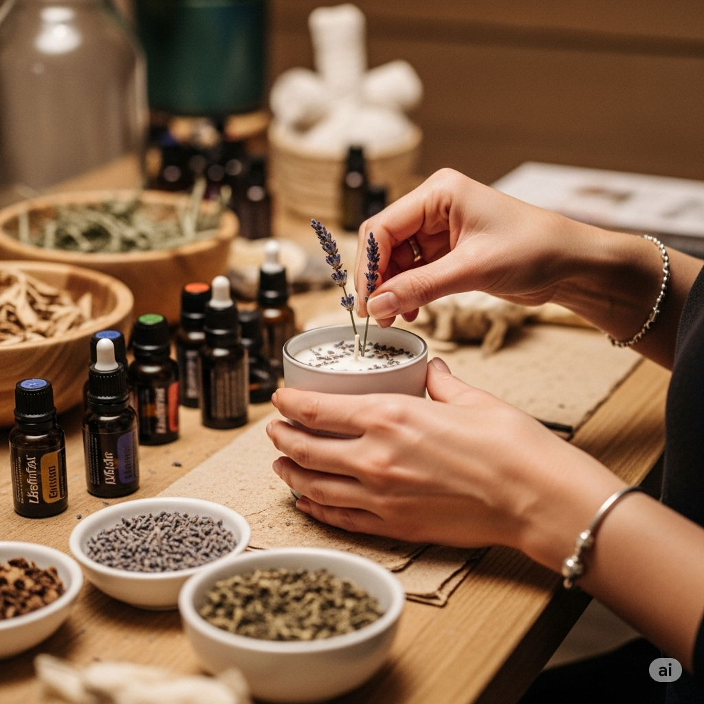 고객이 개인화된 아로마테라피 제품을 정성스럽게 만드는 모습을 클로즈업하여 보여줍니다