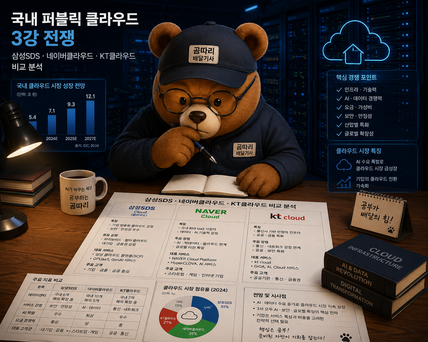 "삼성SDS&middot;네이버클라우드&middot;KT클라우드 국내 퍼블릭 클라우드 3강 전쟁을 공부하는 곰따리 배달기사 캐릭터"