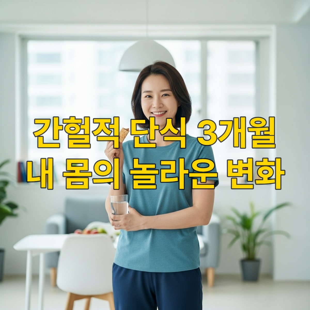 간헐적 단식 3개월 후 건강하고 활기찬 모습의 30대 한국인 여성, 현대적인 실내에서 건강한 간식을 들고 있는 모습.