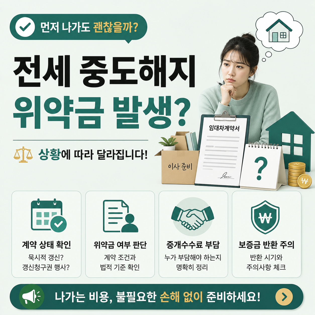 세입자가 계약 기간 중 먼저 이사를 고민하는 모습을 표현한 이미지