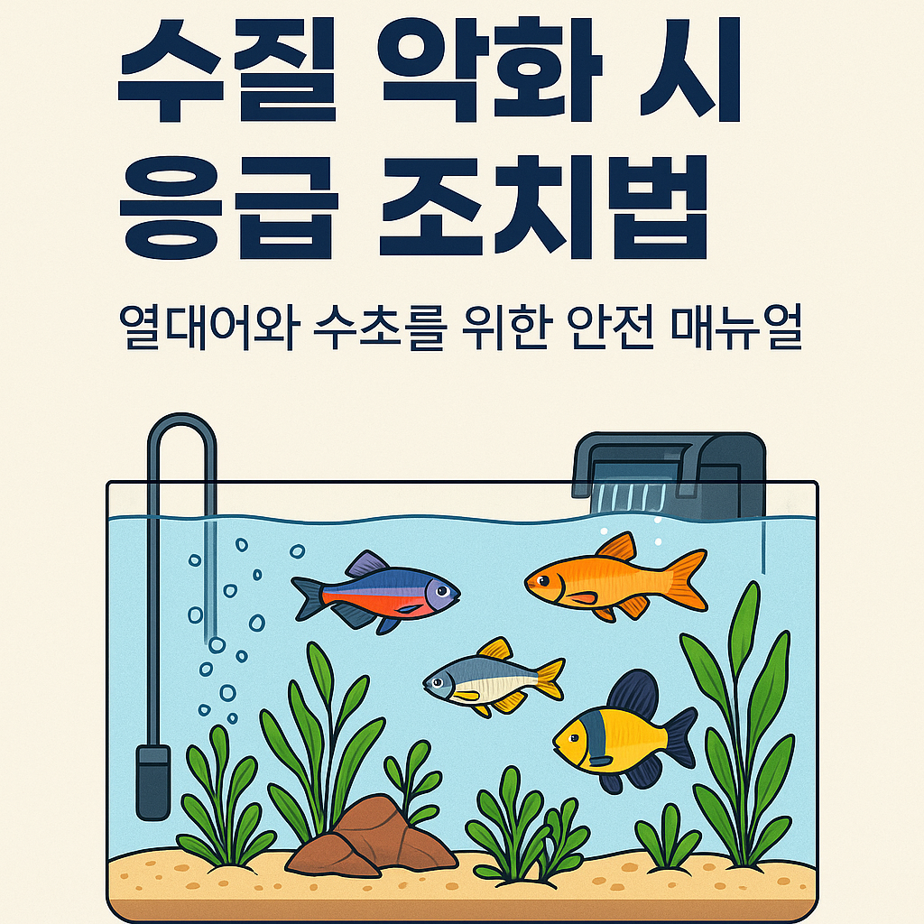 물 속에 열대어들이 헤엄치고 있는 깨끗한 수족관을 묘사한 일러스트 이미지입니다. 상단에는 “수질 악화 시 응급 조치법”이라는 제목과 “열대어와 수초를 위한 안전 매뉴얼”이라는 부제목이 한글로 큼직하게 쓰여 있습니다. 수조 안에는 공기 방울이 나오는 에어스톤, 물을 정화하는 필터, 바닥재와 싱싱한 수초, 다양한 색상의 물고기들이 조화를 이루고 있으며, 수질 관리 요소들이 시각적으로 강조되어 있습니다.