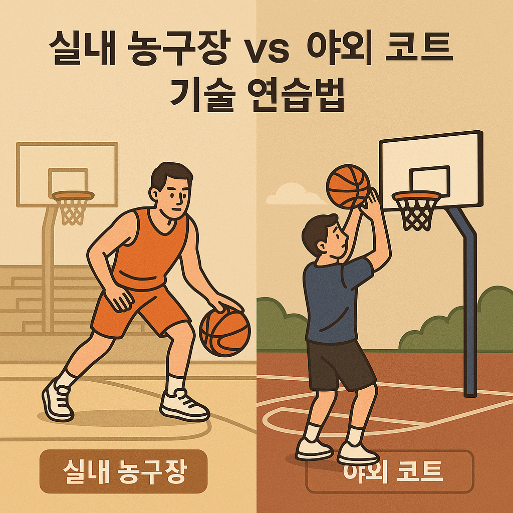 실내 농구장 vs 야외 코트 기술 연습법 – 실내에서 드리블하는 선수와 야외에서 슛하는 선수 비교 일러스트
실내 농구장 vs 야외 코트 기술 연습법 – 실내에서 드리블하는 선수와 야외에서 슛하는 선수 비교 일러스트
실내 농구장 vs 야외 코트 기술 연습법 – 실내에서 드리블하는 선수와 야외에서 슛하는 선수 비교 일러스트