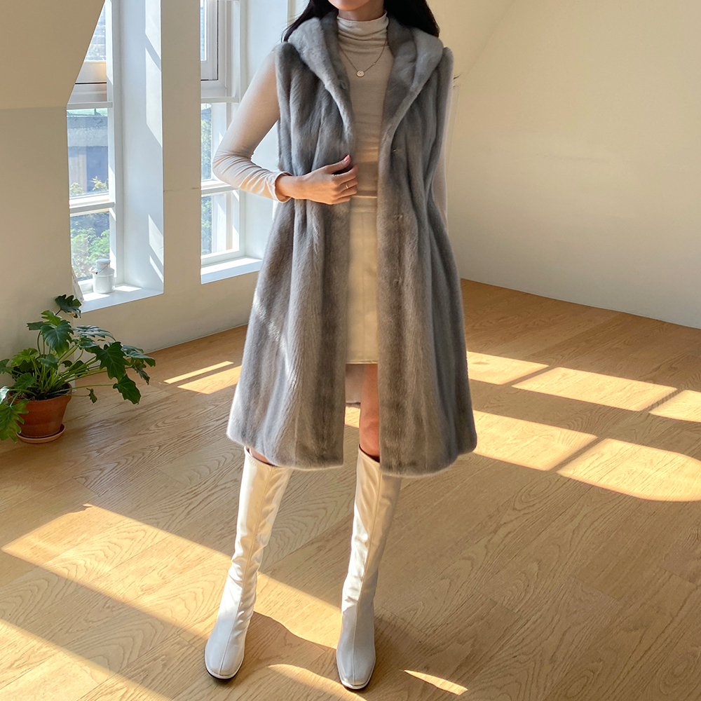 밍크 렛아웃 롱 베스트 후드 조끼