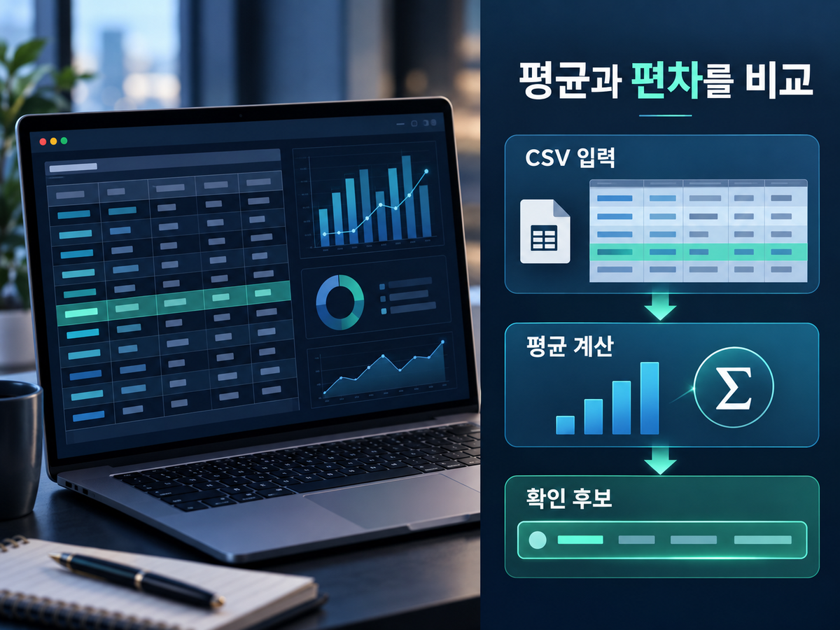 CSV 입력과 평균 계산, 확인 후보 표시의 관계를 설명하는 4대3 카드