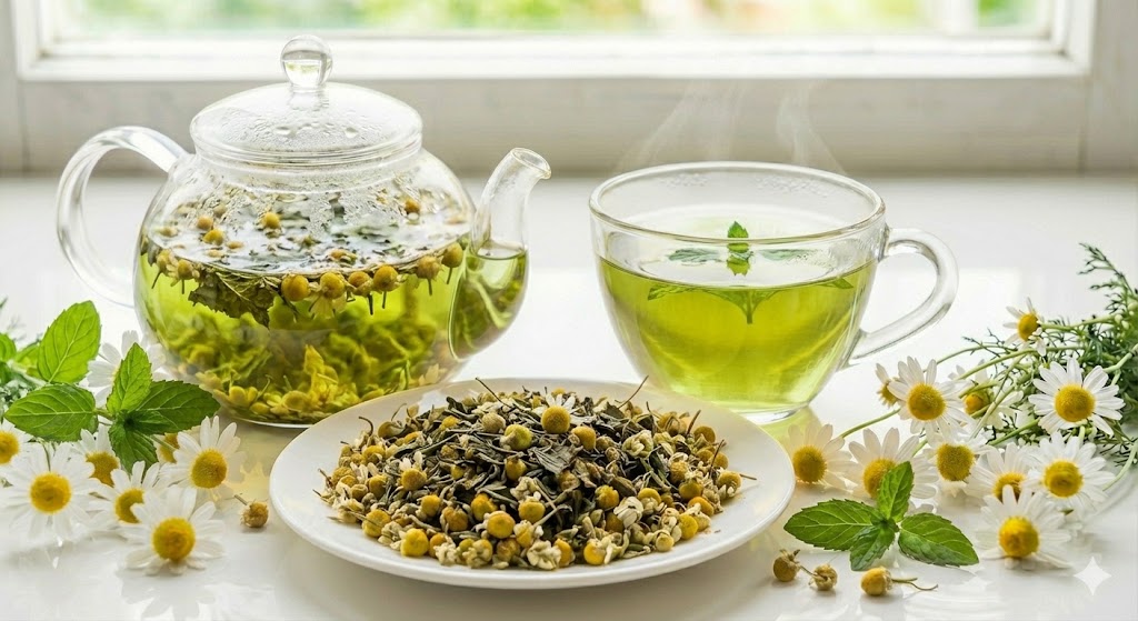 위장 경련 억제 효과로 소화 불량 및 복부 팽만에 좋은 캐모마일과 페퍼민트 블랜딩 허브차