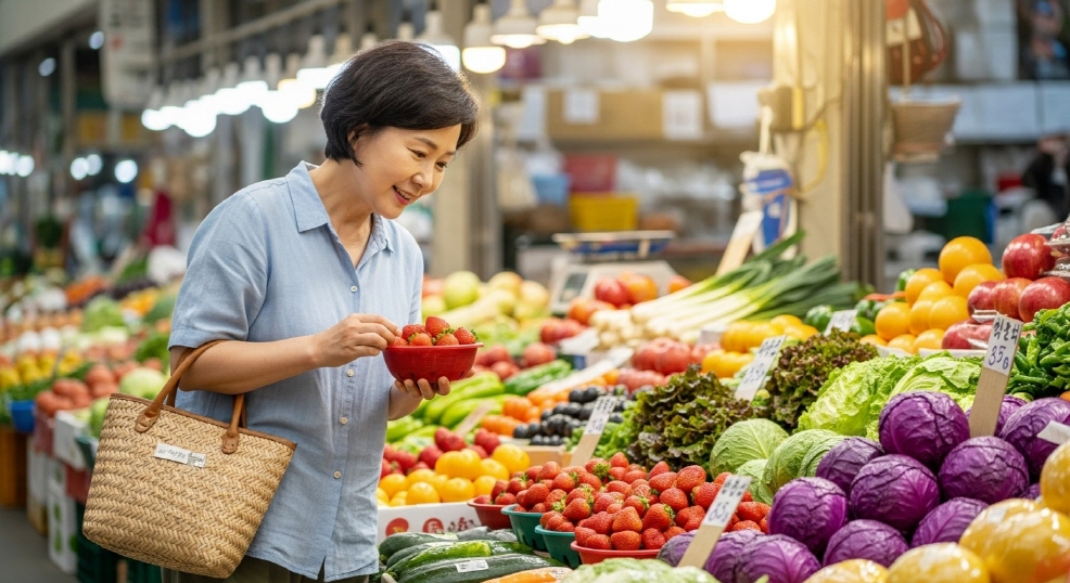 전통시장 상점에서 쇼핑 중인 중년 여성