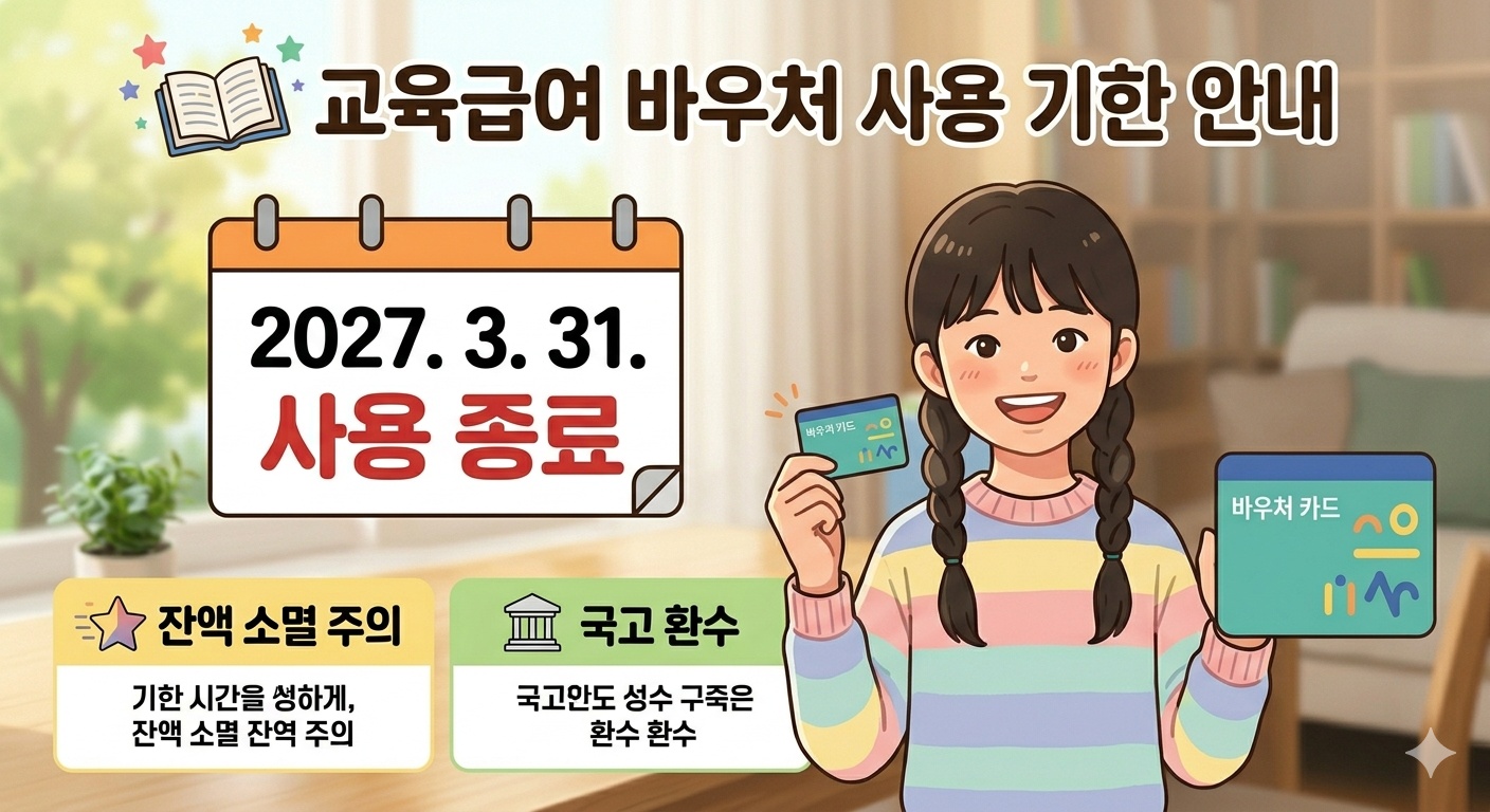 교육급여 바우처 사용기한 안내, 해당 연도 내 사용 기한 명시, 미사용 잔액 자동 소멸 및 차년도 이월 불가 유의사항 인포그래픽