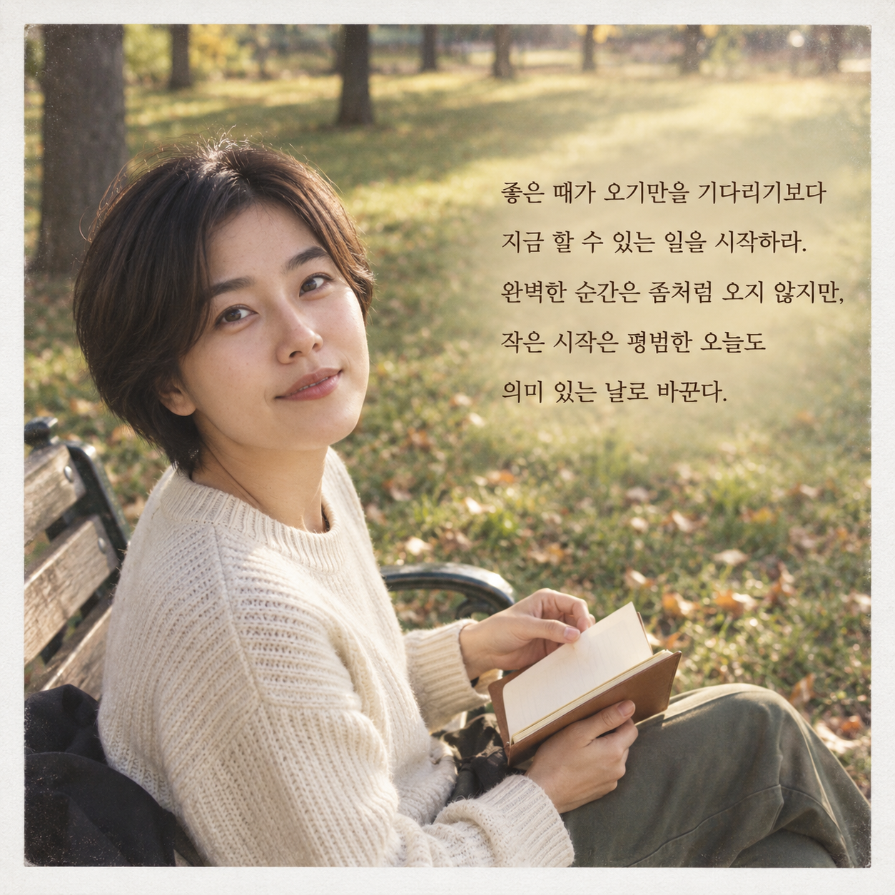 좋은 때가 오기만을 기다리기보다 지금 할 수 있는 일을 시작하라. 완벽한 순간은 좀처럼 오지 않지만, 작은 시작은 평범한 오늘도 의미 있는 날로 바꾼다.
