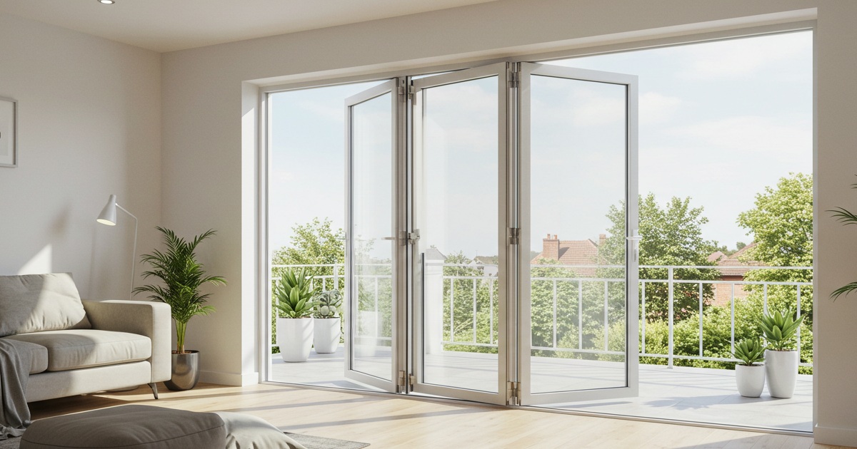 모던 유리 폴딩도어가 열려 거실과 발코니가 밝고 넓게 연결된 개방형 공간 모습