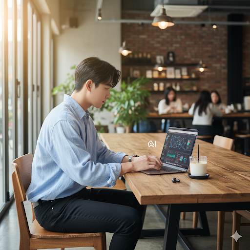 카페에서 노트북 작업하는 청년