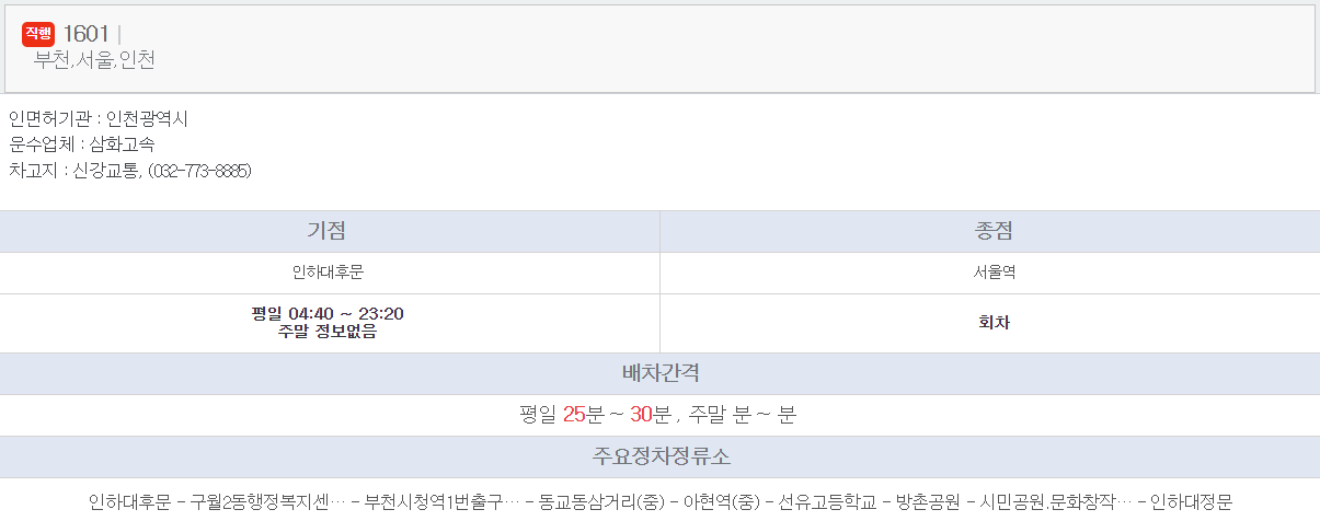 1601번 버스 노선