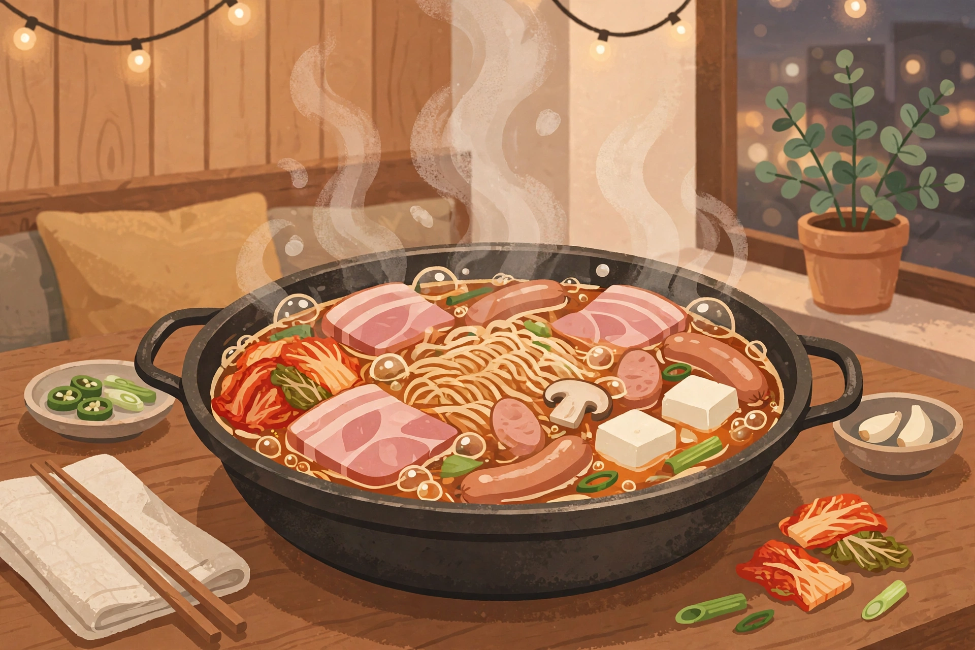 끓고 있는 부대찌개 냄비와 햄 소시지 라면 김치 두부 일러스트
