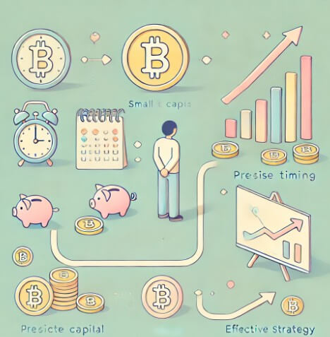 초보자도 적은 자본으로 시작해 타이밍 전략을 활용하여 비트코인 투자 성공할 수 있다는 뜻을 내포한 그림