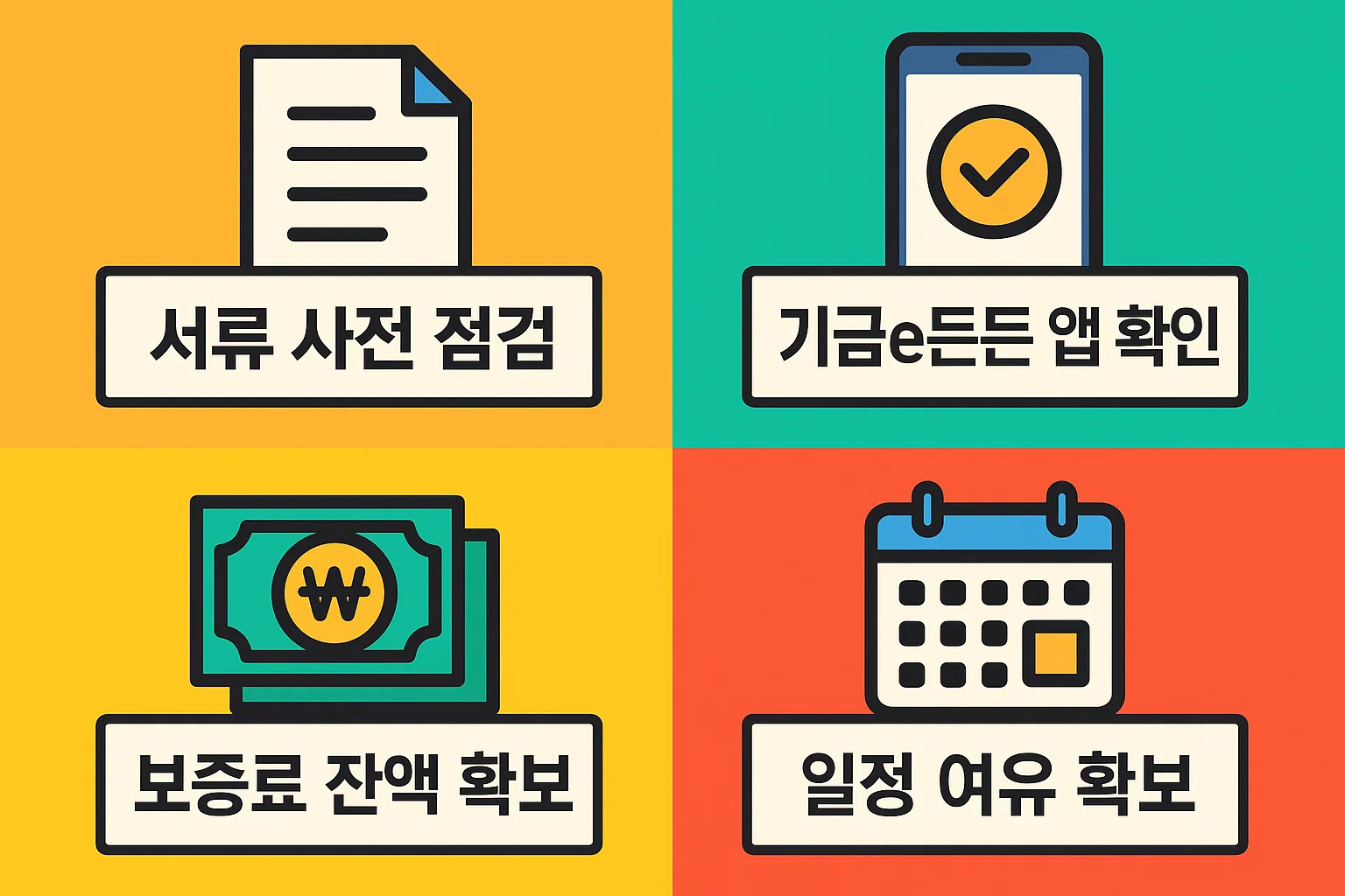 서류 사전 점검, 기금e든든 앱 확인, 보증료 잔액 확보, 일정 여유 확보 등 실제 후기에서 도출된 핵심 팁과 주의사항을 정리한 인포그래픽.