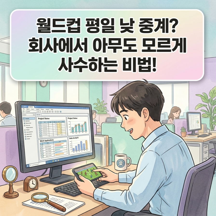 사무실 모니터 앞에서 몰래 월드컵 한국 경기 라이브 중계를 세팅하는 직장인 일러스트