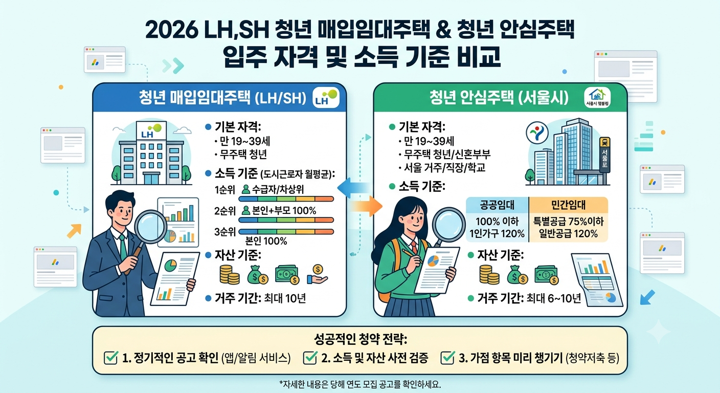 2026 LH,SH 청년 매입임대주택&amp;청년 안심주택 입주 자격 및 소득 기준 비교