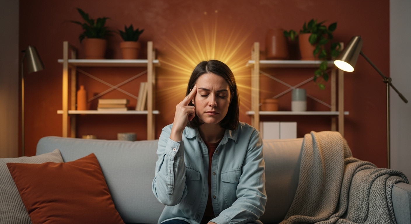 두통으로 이마를 짚고 있는 사람이 편안해 보이는 모습. 타이레놀 복용 후 빠른 통증 완화를 나타냅니다.