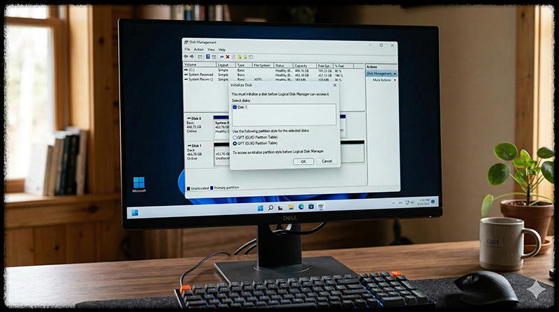 새 SSD를 초기화하고 파티션을 생성하는 Windows 화면