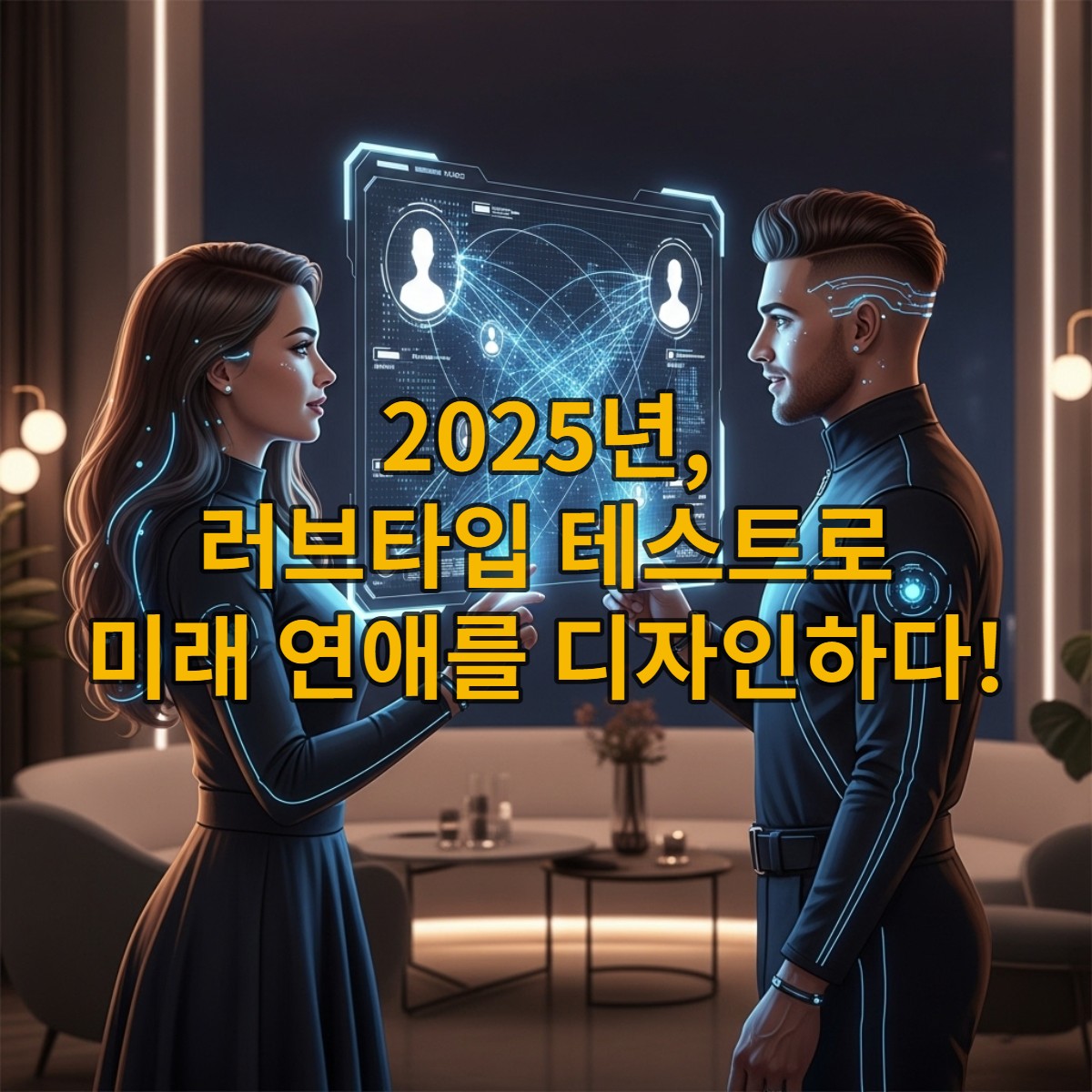 2025년 미래의 연인을 위한 러브타입 테스트 결과를 보여주는 홀로그램 인터페이스를 함께 바라보는 커플의 모습.