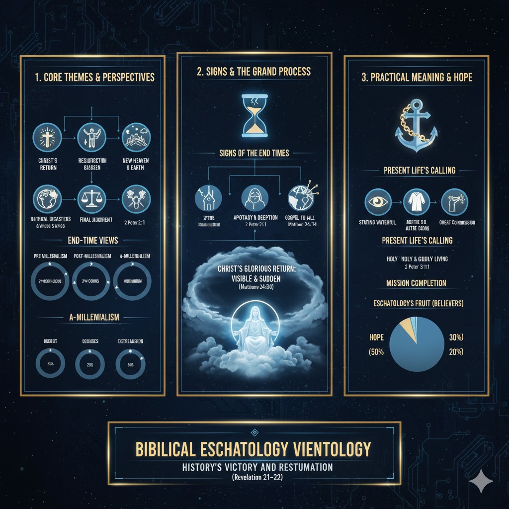 A cinematic digital art piece depicting the New Jerusalem descending from heaven, bathed in divine golden light. It symbolizes the biblical end-times theology focusing on the restoration of creation, the end of suffering, and the eternal dwelling of God with His people.