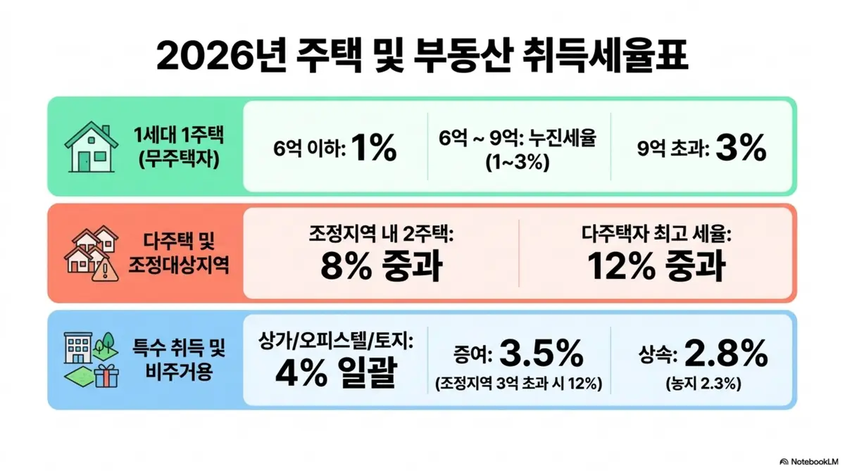 부동산 취득세: 2026년 기준 1세대 1주택 세율 1~3%부터 다주택자 조정지역 8% 중과 및 최고 12% 중과까지 그리고 비주거용 부동산 4%와 증여 3.5% 상속 2.8% 세율을 한눈에 정리한 취득세율표 인포그래픽 이미지. 이 이미지는 주택 수별 취득세 세율 차이를 시각적으로 전달하며 블로그의 주택 취득세율표 총정리와 관련된 내용을 설명함