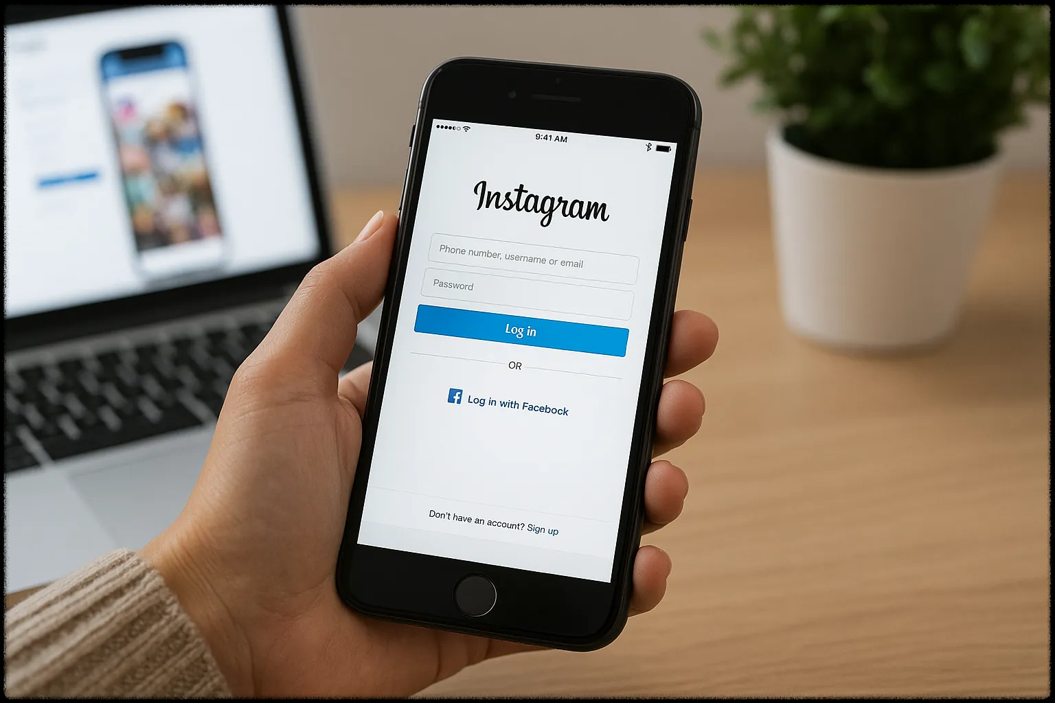 스마트폰으로 인스타그램 로그인 페이지를 보는 모습