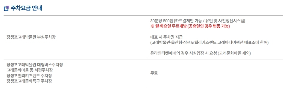 울산 장생포고래문화특구 주차요금 안내