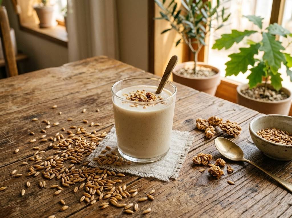 나무 테이블 위에 정갈하게 놓인 귀리 쉐이크 한 잔과 볶은 귀리 알곡들이 흩어져 있는 따뜻한 감성의 정물 사진