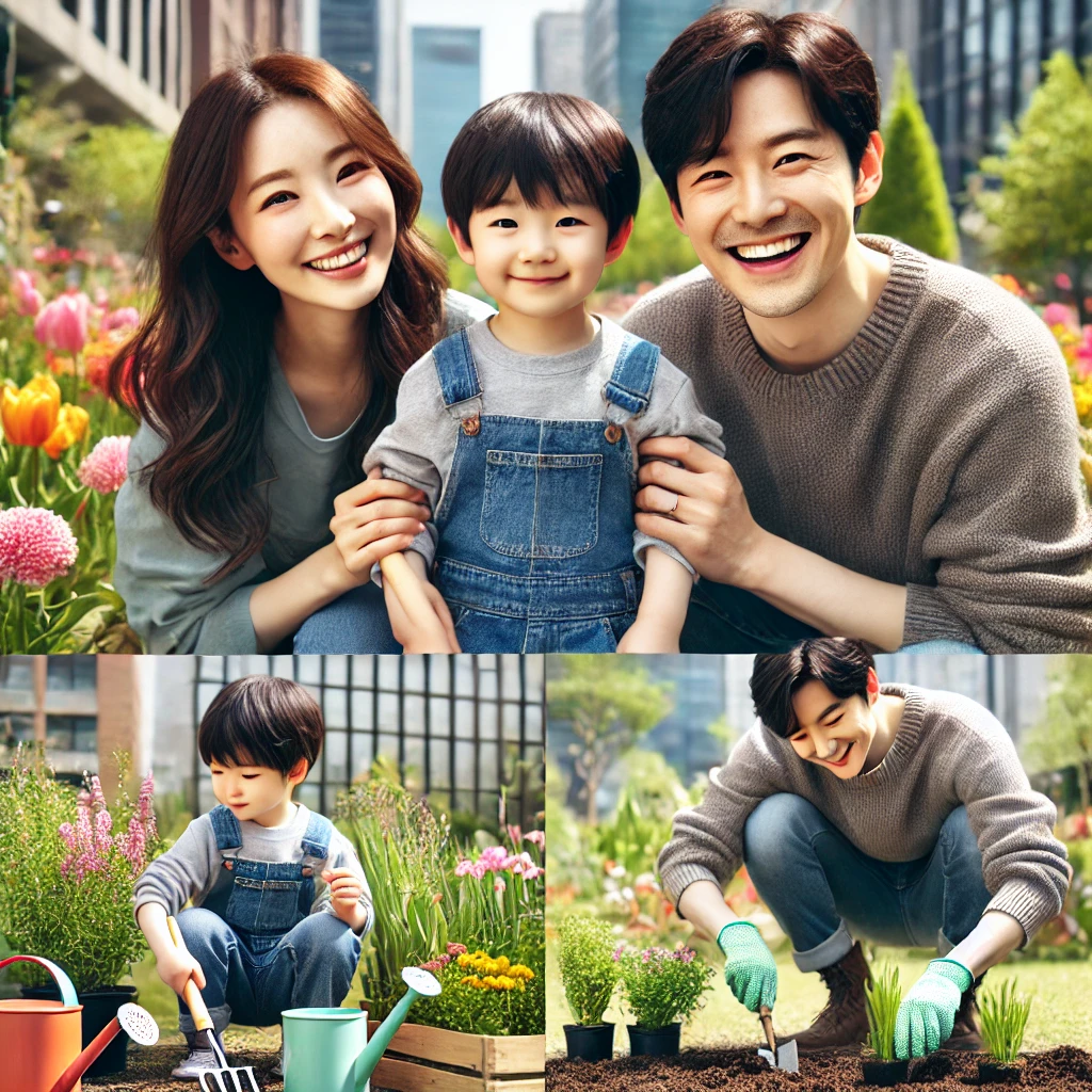 가족이 공공 정원에서 함께 꽃을 심는 모습. 부모와 아이가 나란히 서서 미소를 지으며 색색의 꽃으로 둘러싸인 장면. 따뜻한 분위기가 느껴짐.