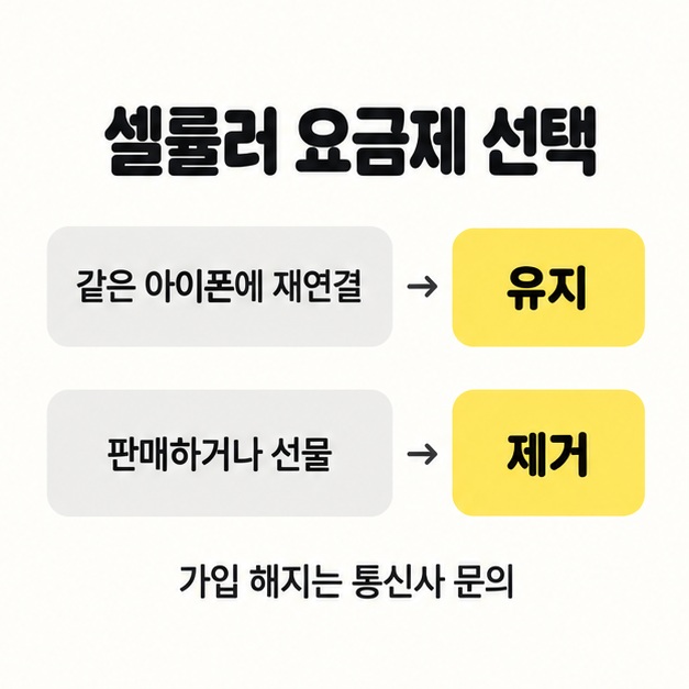 같은 아이폰에 재연결하면 셀룰러 요금제를 유지하고 판매하거나 선물하면 제거하며 가입 해지는 통신사에 문의하라고 안내한 카드