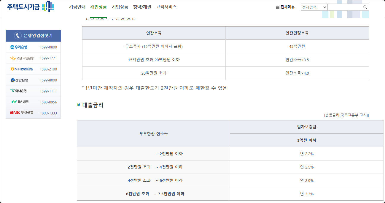 주택도시기금 홈페이지 대출상품 안내 화면