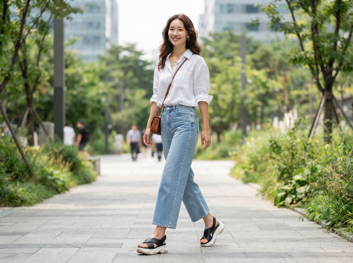 크로스 스트랩 청키 샌들 착용 이미지

내용: 발볼이 넓다면 압박감 없는 크로스 스트랩 청키 샌들이 정답이다.
