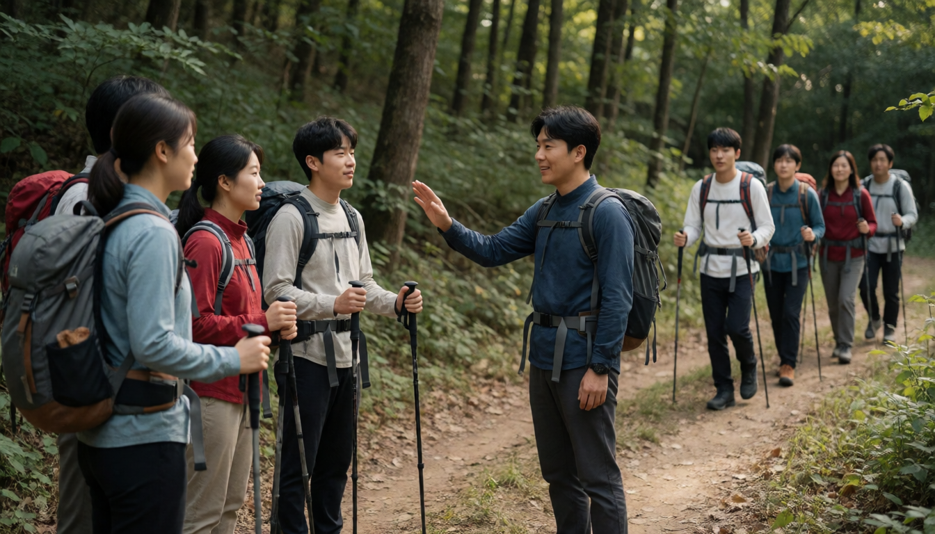 산길에서 앞뒤로 나뉘어 걷는 등산객들