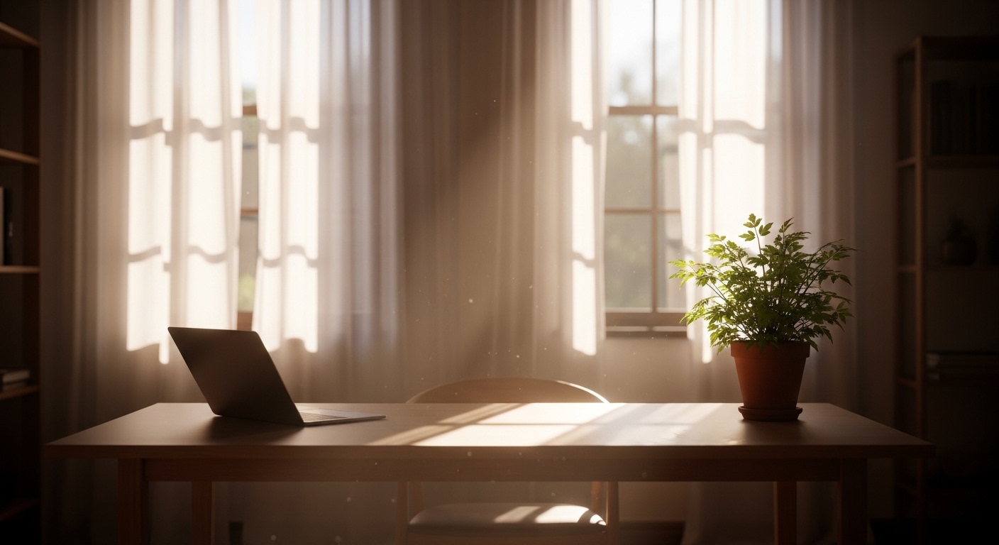 햇살이 따스하게 들어오는 아늑한 홈 오피스에서 새로운 일을 준비하는 평화로운 풍경