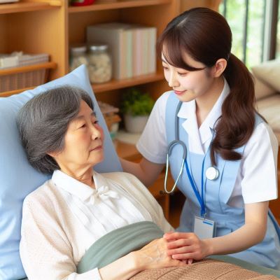 요양보호사가 간병방문하여 침상에 누워있는 환자를 돌보고 있다.