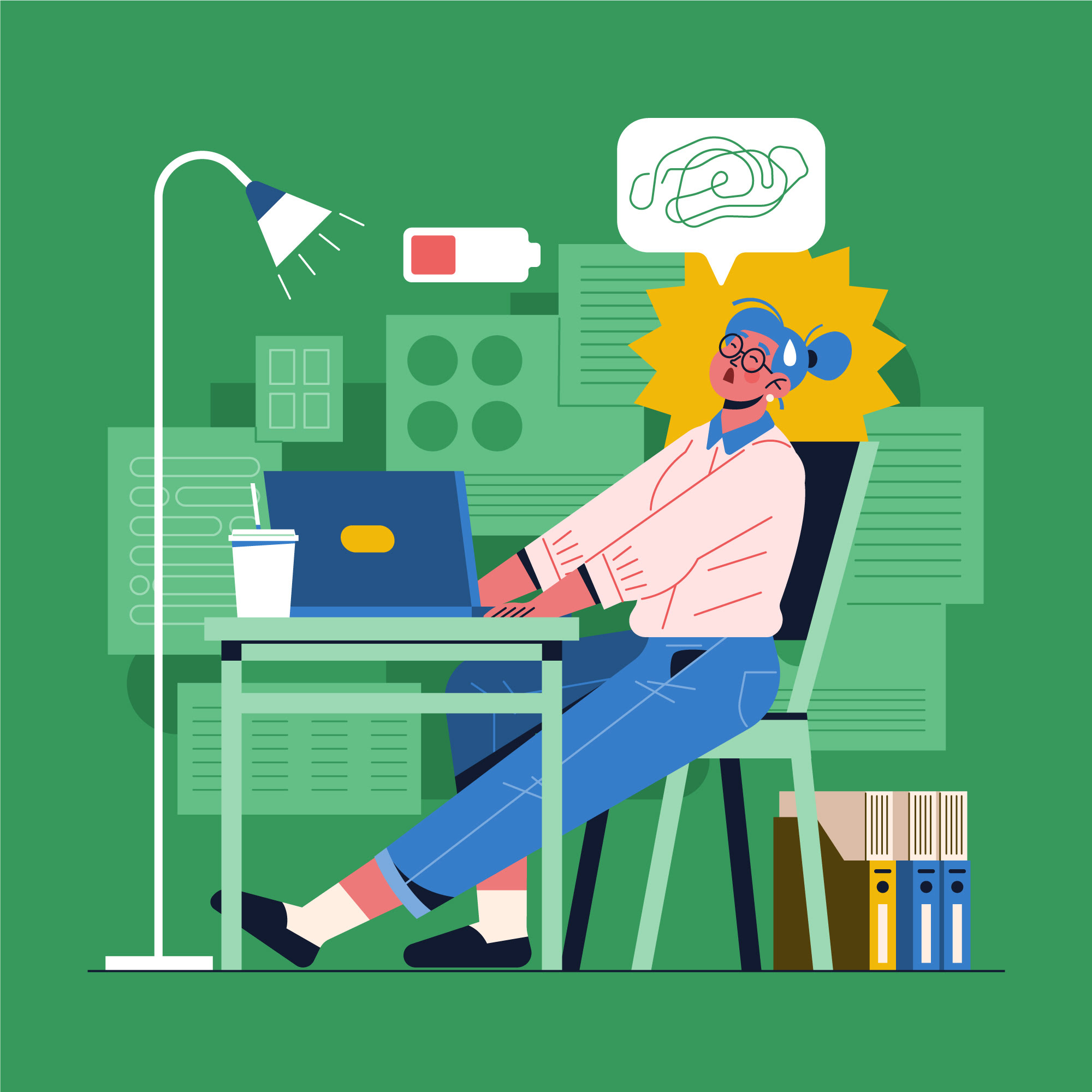 과로로 인해 피곤해 하는 여성의 일러스트