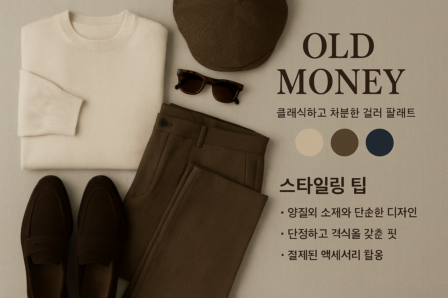 올드머니룩 핵심 요약: 클래식, 절제, 품질 중심의 컬러 팔레트와 소재, 남녀 코디 예시